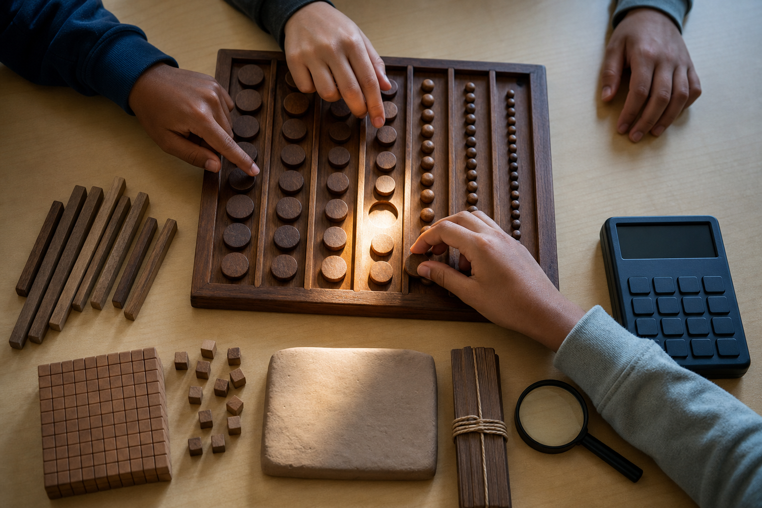 Students use counters on a wooden place-value board with one intentionally empty position beside historical replicas and modern math materials.