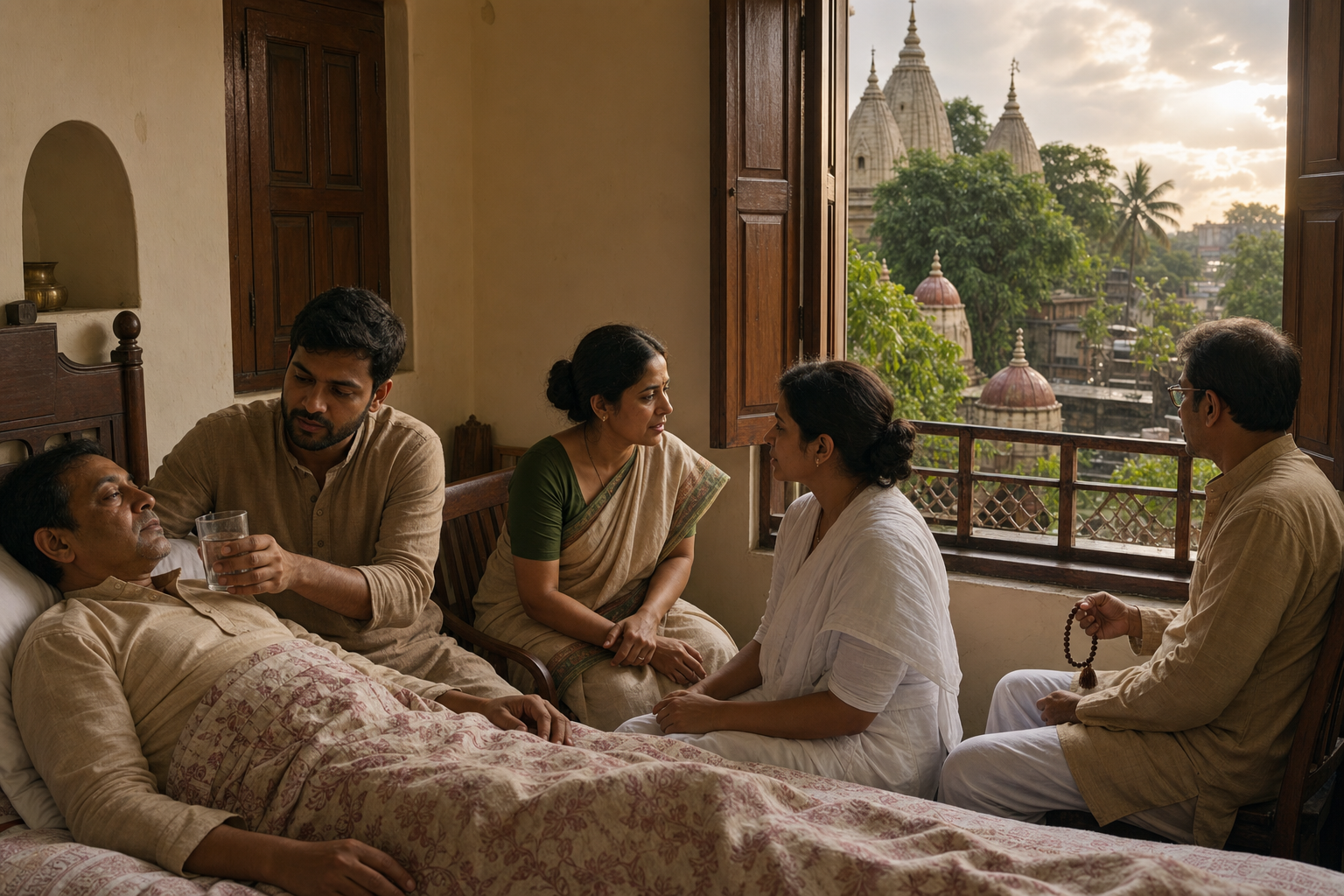 Family members care for an ill relative near Mayapur while a devotee prays beside a sunlit window.