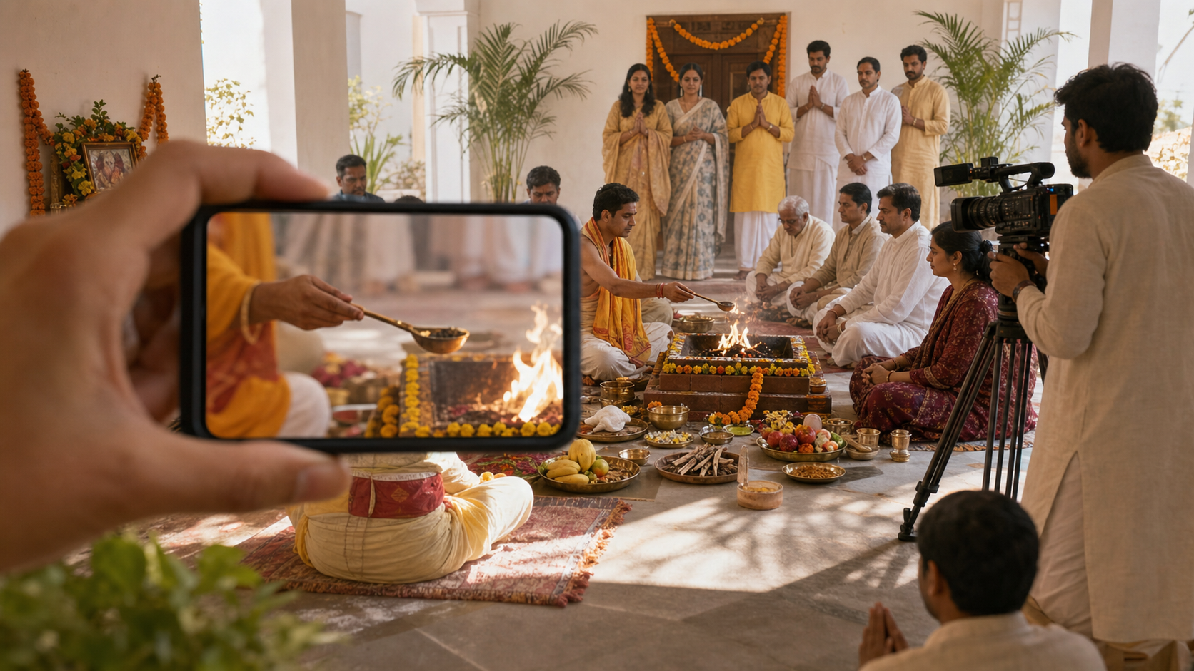 A phone shows a tightly cropped moment from a Hindu ceremony while the wider scene behind it reveals the full respectful context.
