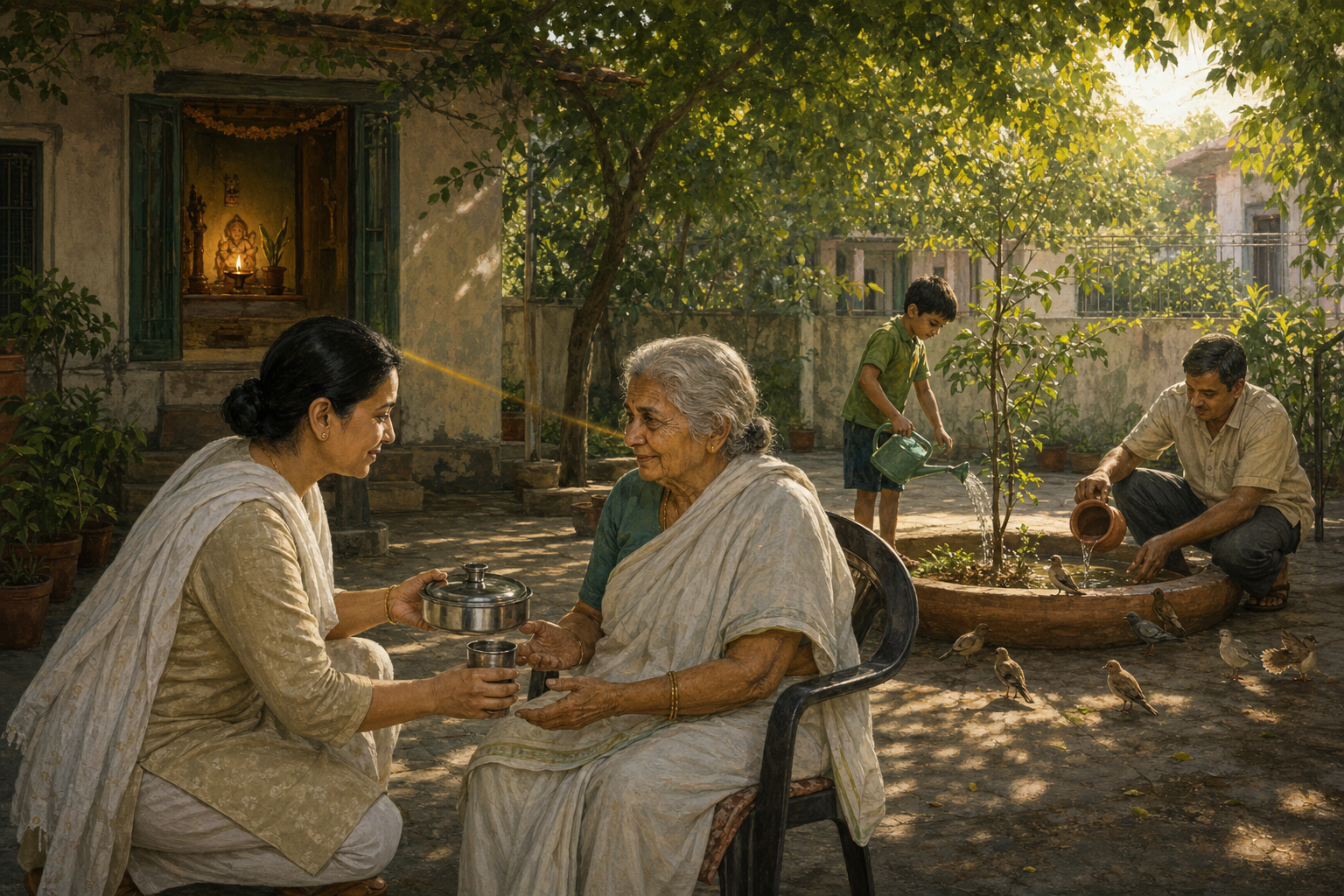 A devotee brings food and water to an elderly neighbor while family members fill a bird basin and water a young tree.