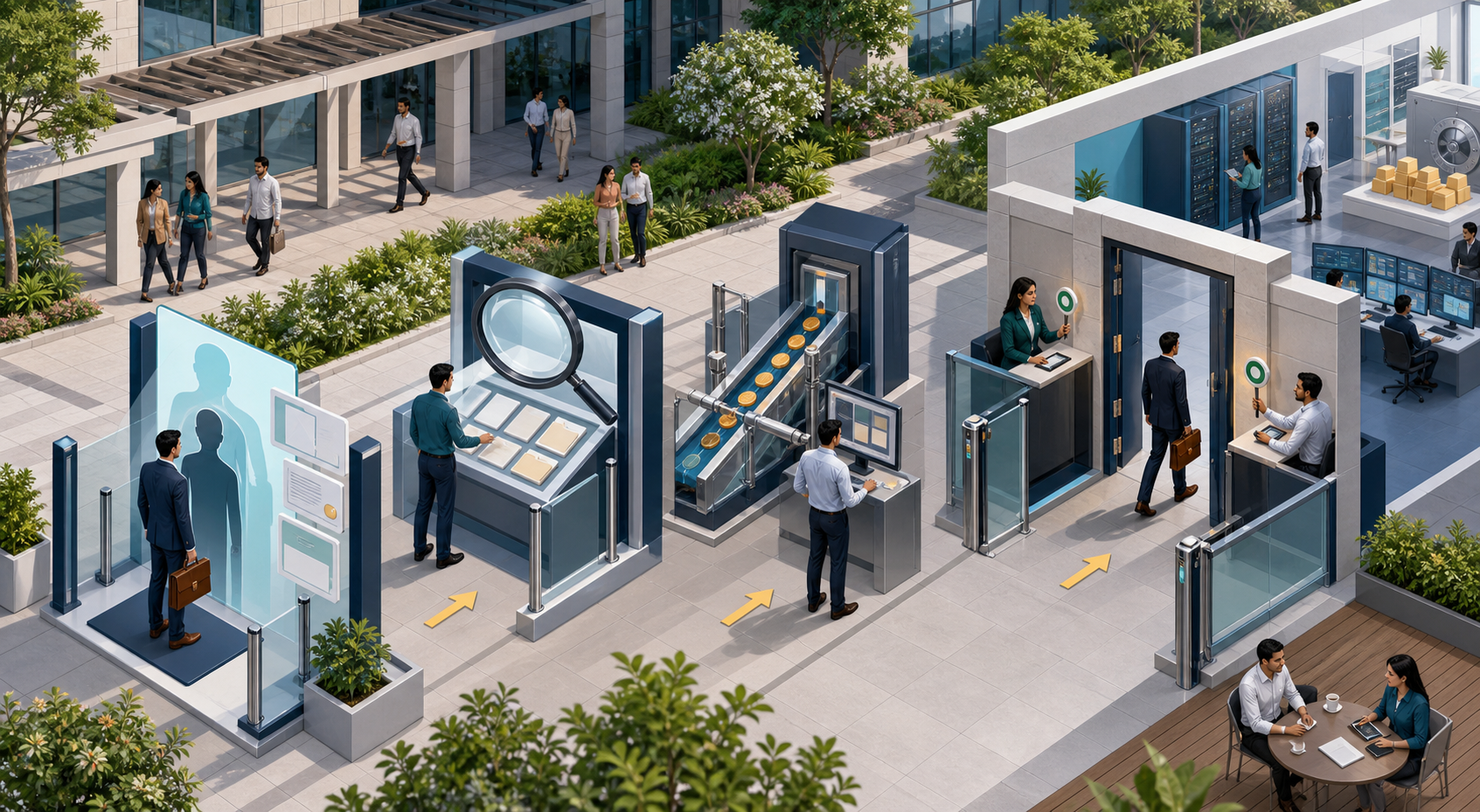 A business counterparty passes through four visual control checkpoints before gaining access to company data, funds, facilities, and staff.