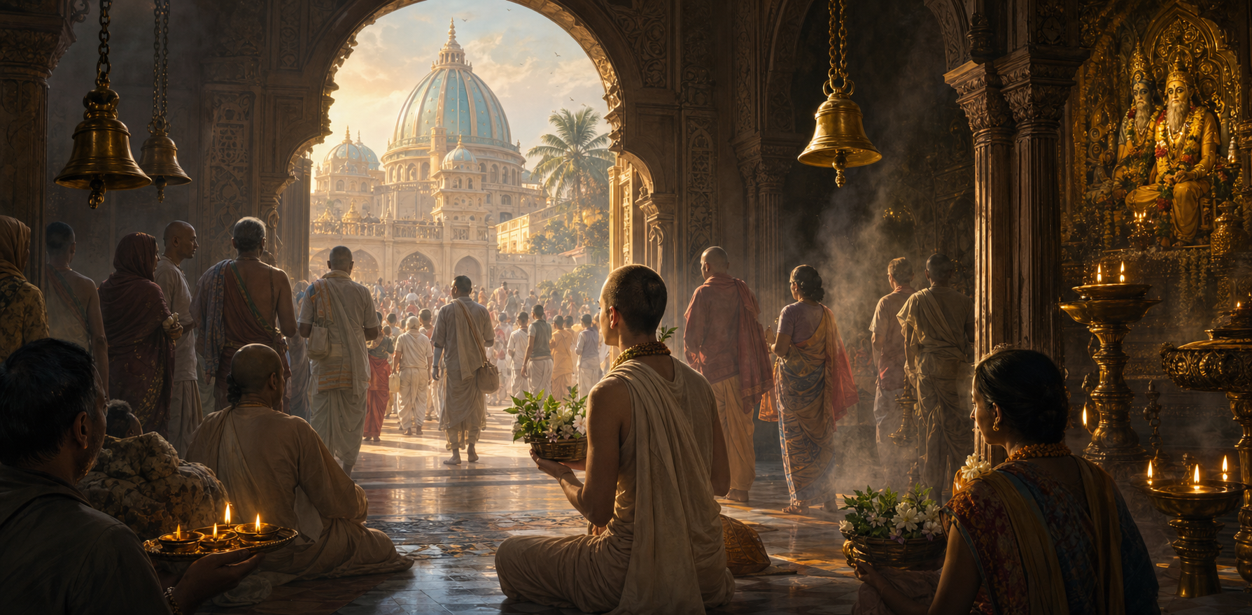 Pilgrims carrying flower offerings enter a lamp-lit prayer hall in a Mayapur temple complex.