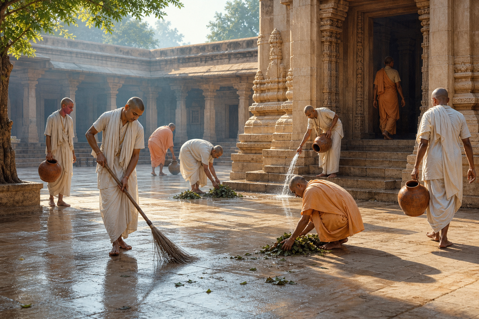 Gaudiya Vaishnava devotees sweep leaves and wash a sunlit Odisha-style temple courtyard during Gundicha-marjana.