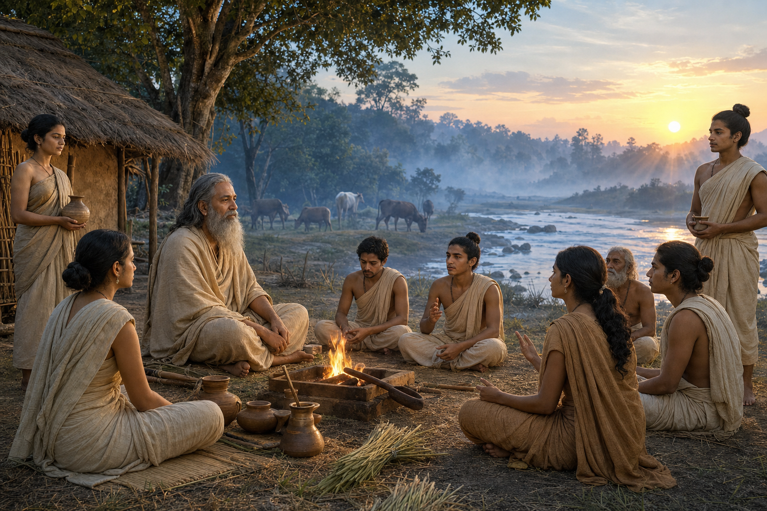 Male and female seers and students gather beside a small ritual fire in a riverside forest hermitage at dawn.
