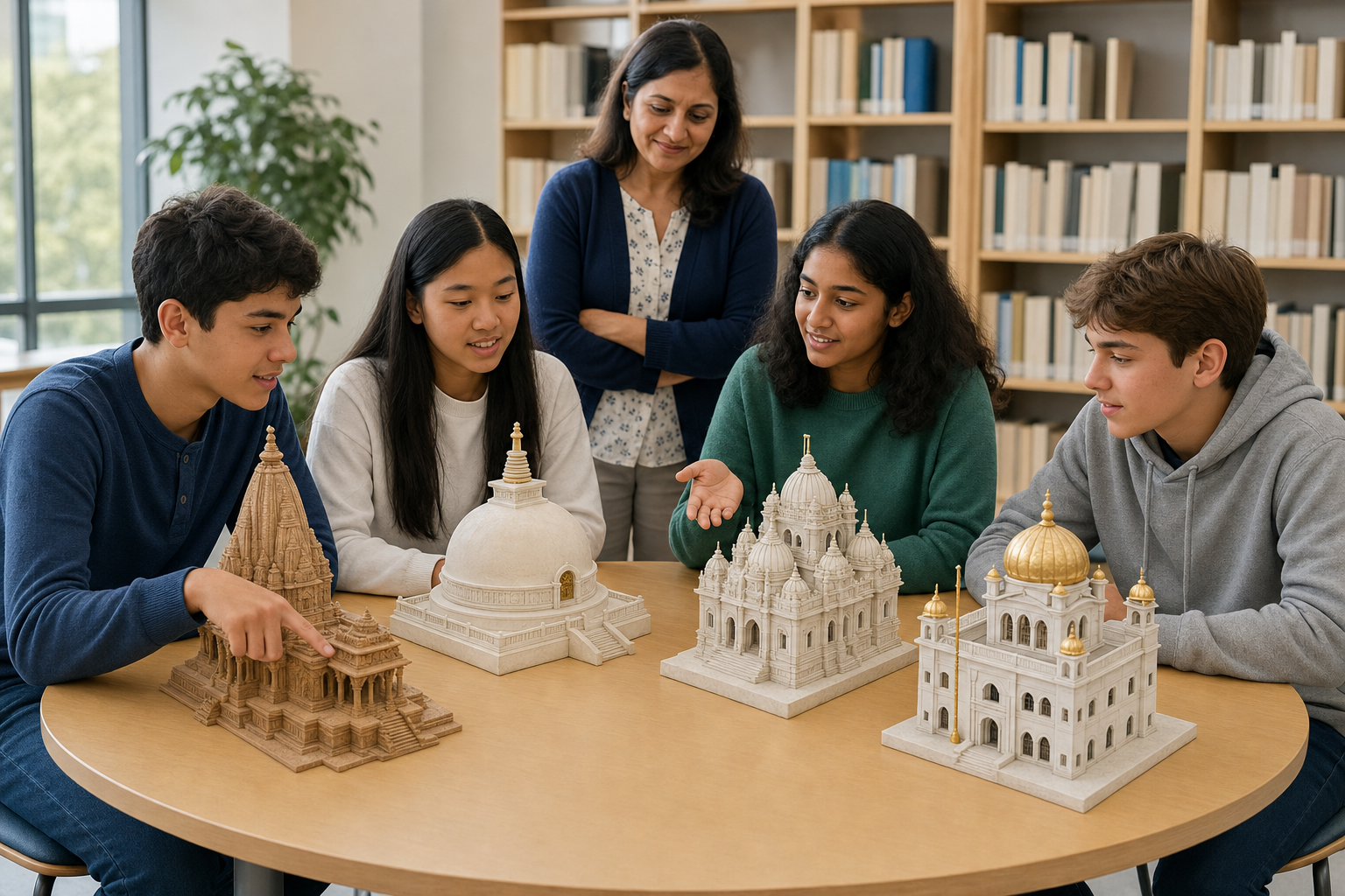 Students compare separate scale models of a Hindu temple, Buddhist stupa, Jain temple, and Sikh gurdwara in a school library.