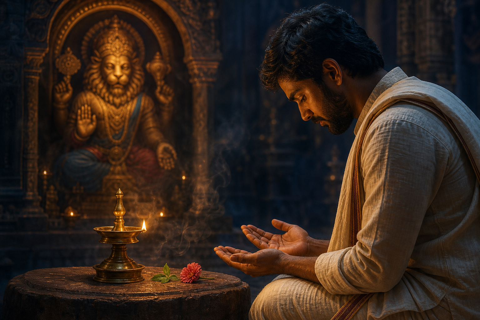 A kneeling devotee offers a tulasi leaf and flower before a softly lit Lord Narasimha shrine.