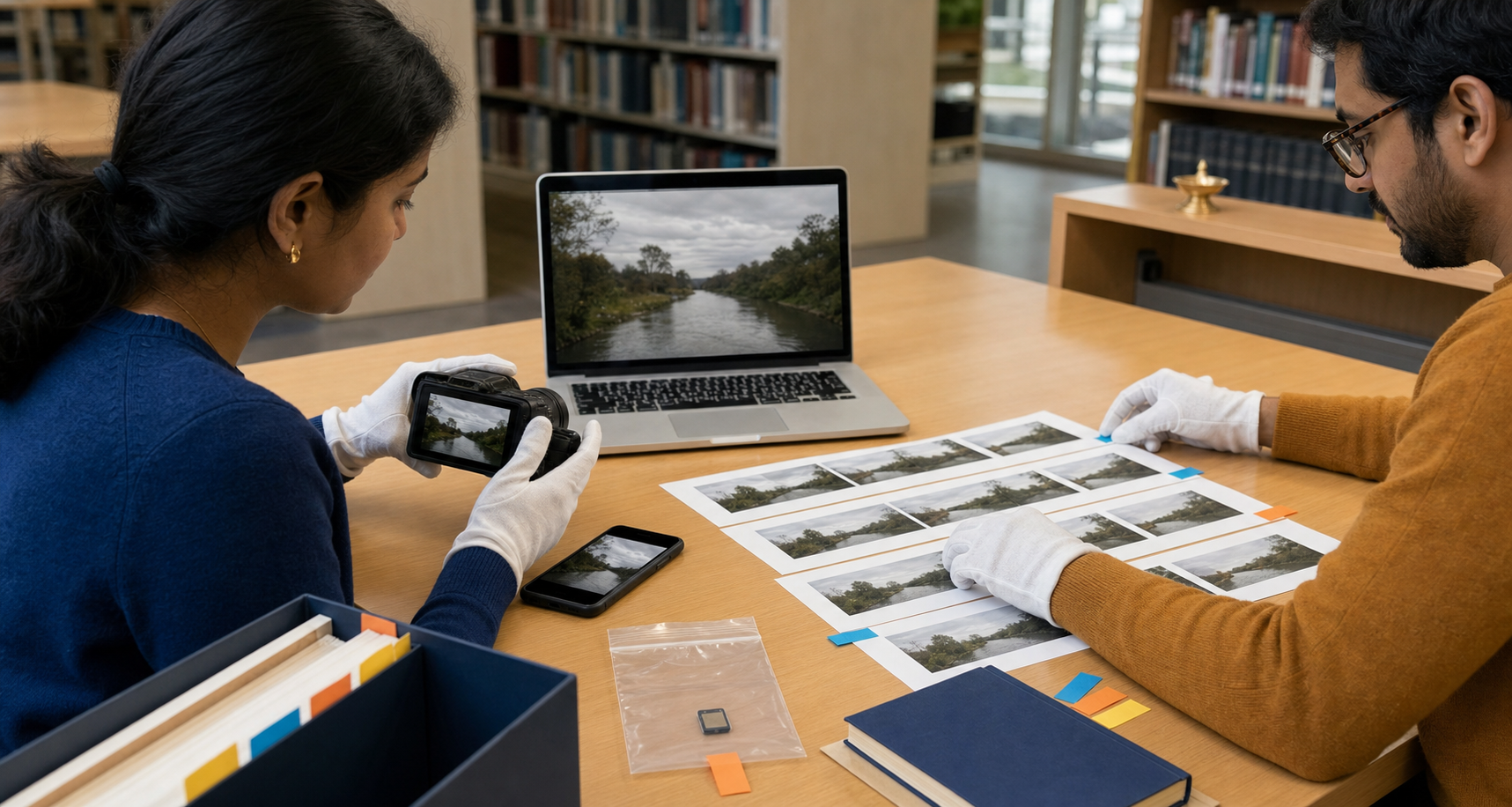 Two volunteers compare source footage and arrange printed video frames, devices, and preserved files on a library table for independent review.