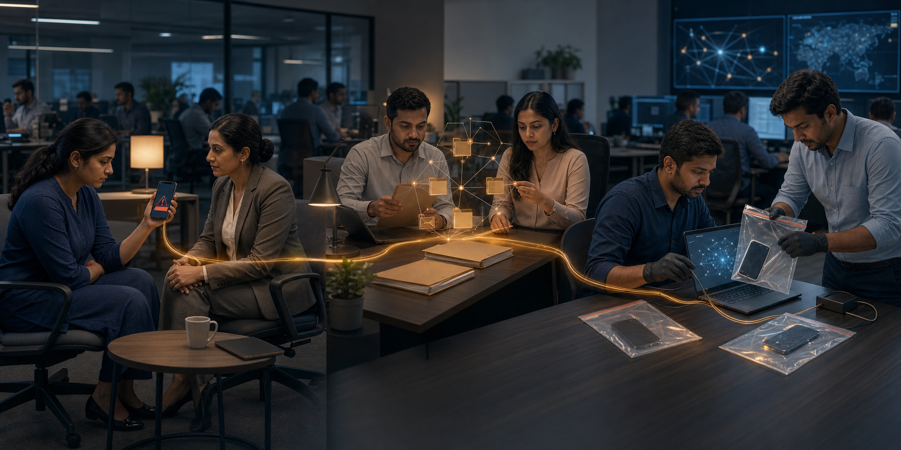 HR, procurement, and cybersecurity teams coordinate around evidence from the same workplace intimidation incident.