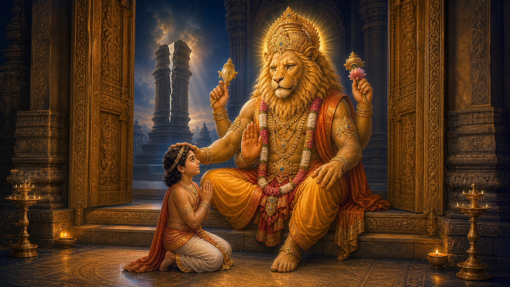 Narasimha raises a protective hand toward the kneeling Prahlada beside a split stone pillar in a lamp-lit palace doorway.