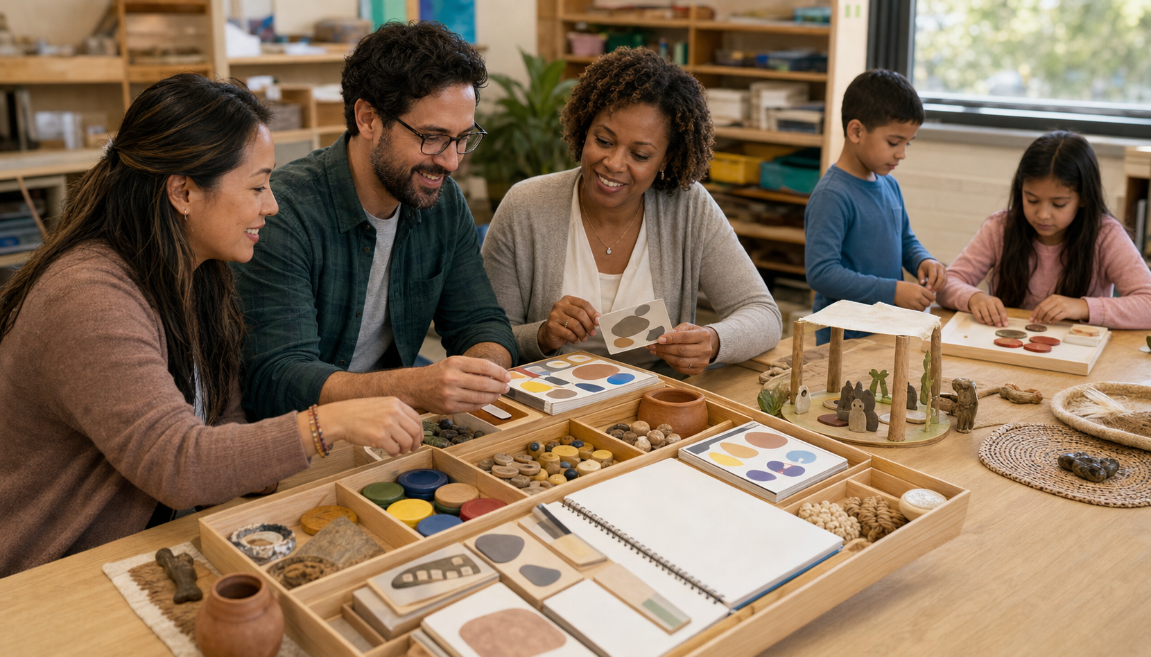 A parent, teacher, and librarian assemble a classroom heritage lesson kit while students try the learning materials.