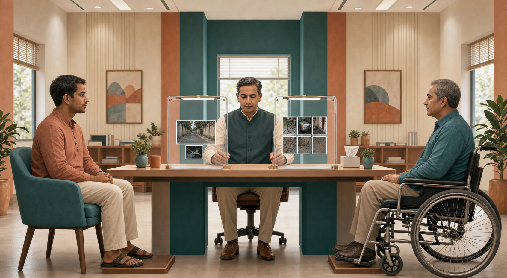 A review officer evaluates two different evidence files with the same process while two citizens receive equal attention and appropriate seating support.