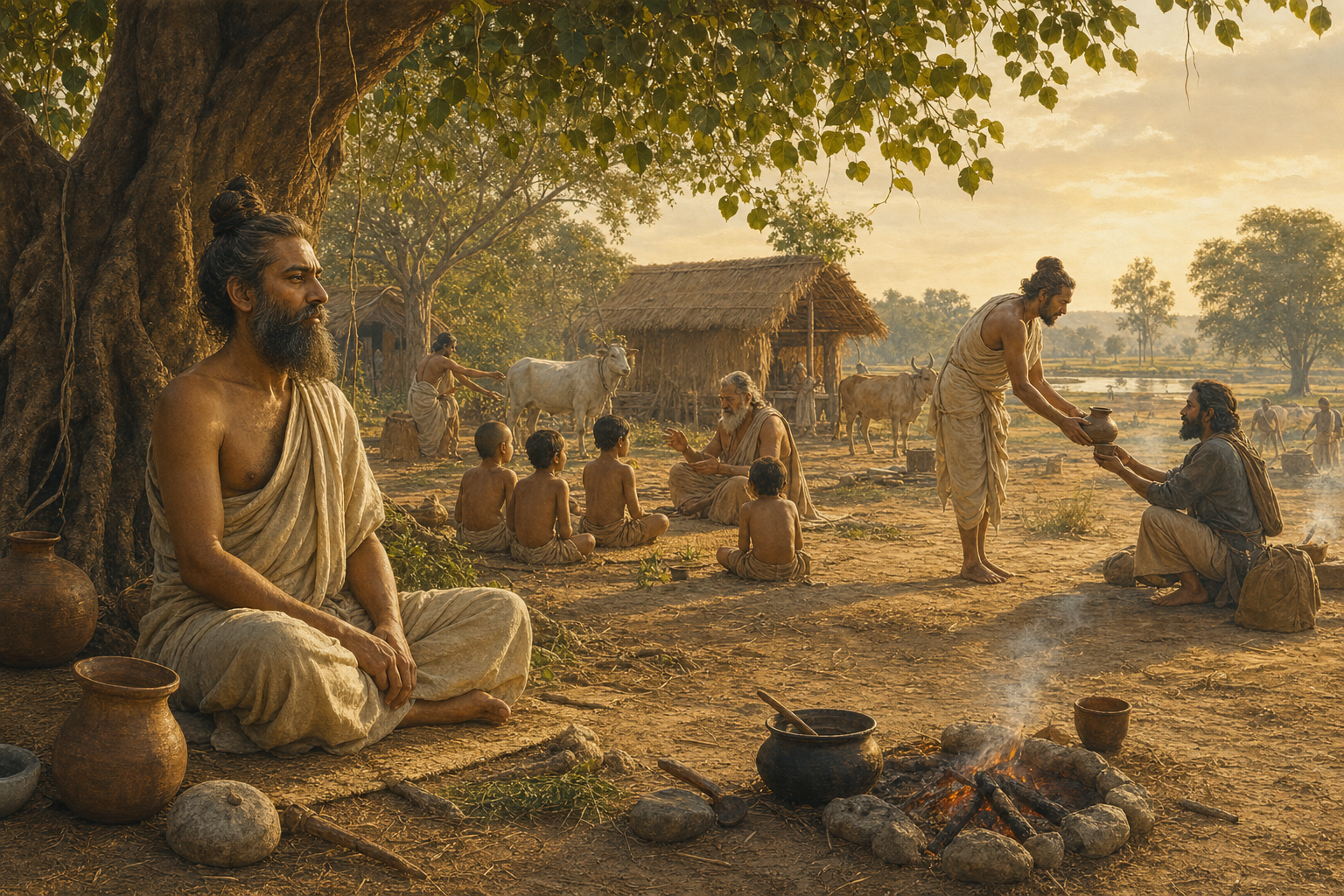 A seated seer meditates beneath a tree while members of a forest hermitage teach, tend a fire, care for cattle, and assist a traveler.