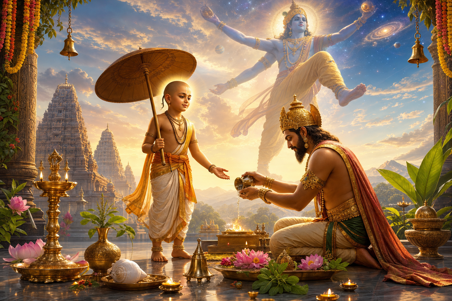 Lord Vishnu as Vamana receives King Mahabali's offering during Vamana Dwadashi puja, with Trivikrama's cosmic form above.