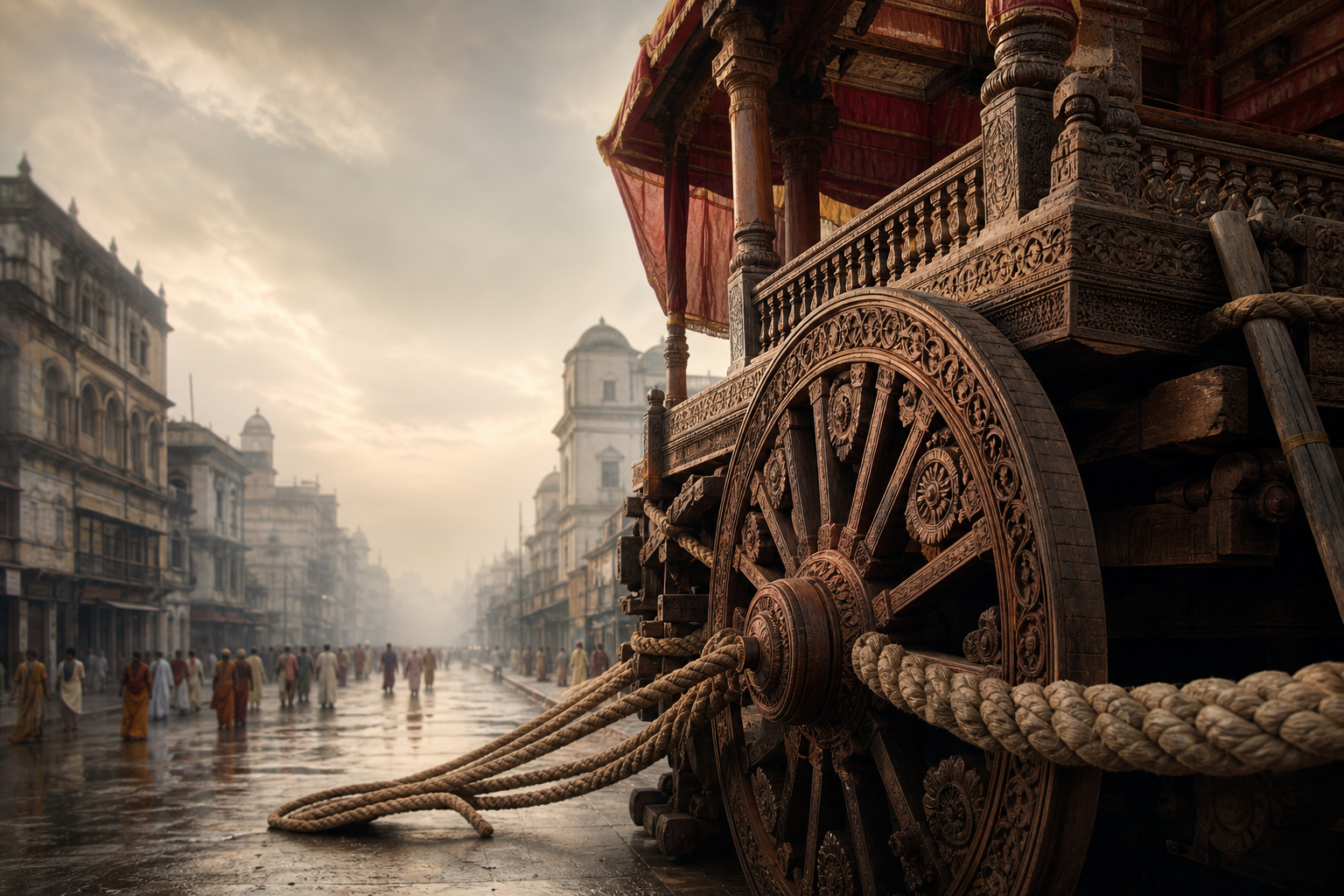 Ornately carved wooden rath chariot and thick pulling ropes on a rain-wet Kolkata-inspired street