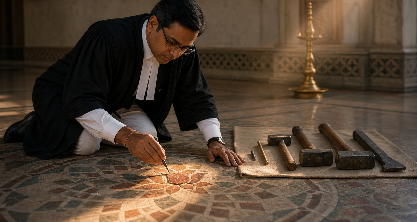 A Hindu advocate uses a small precision tool to realign one loose tile while larger repair tools remain unused nearby.