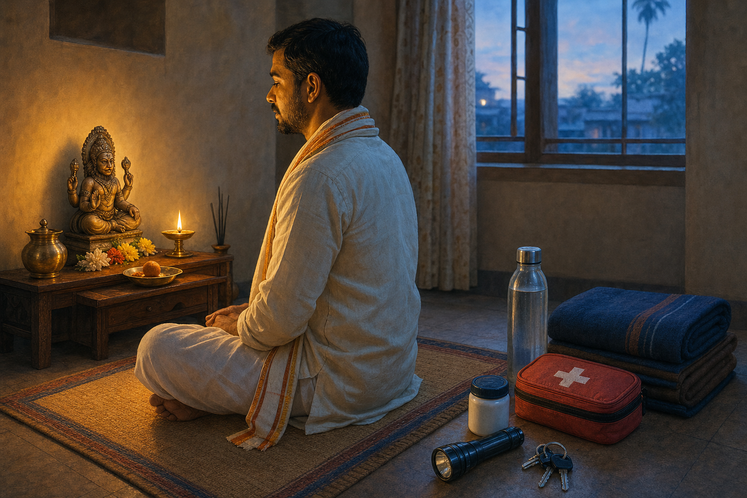 A devotee sits before a small Narasimha altar at dawn beside neatly arranged first-aid and emergency supplies.