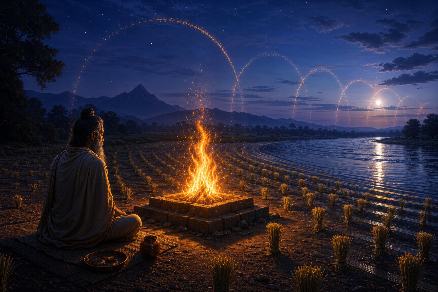 A listening seer, a central ritual fire, and repeating patterns of light and water visually represent seer, divine focus, and poetic meter.