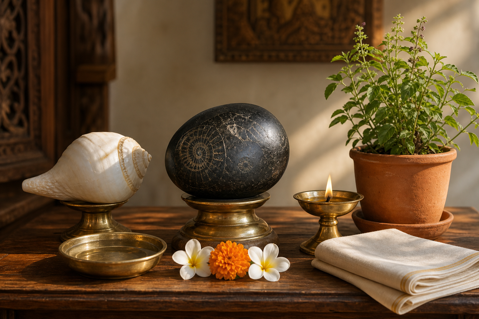 A black Shaligram stone, white conch shell, and living Tulsi plant arranged with a brass lamp and flowers on a clean home altar.