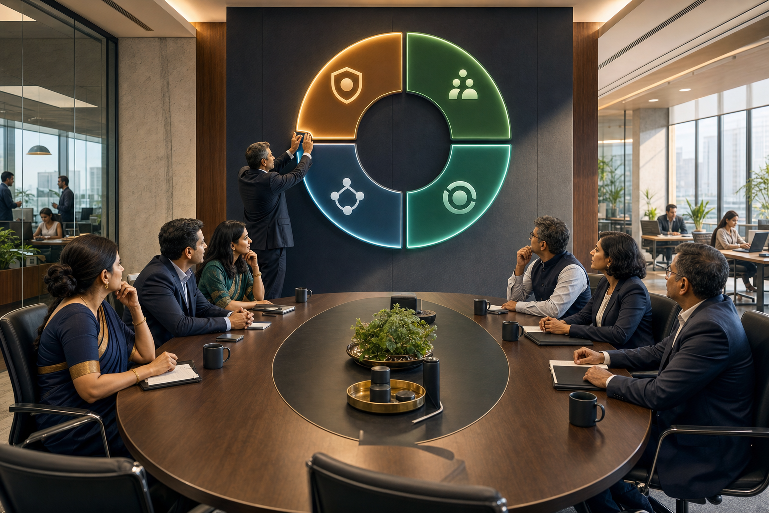 Company directors and functional leaders review an abstract circular control cycle in a modern Indian boardroom.