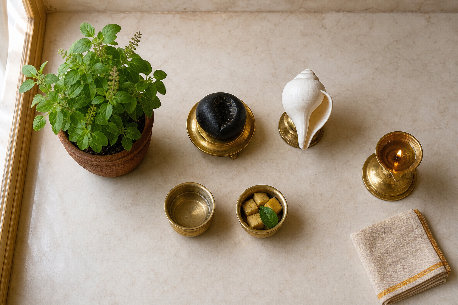 Overhead view of a compact altar with a centered Shaligram, a conch on its own stand, a sunlit Tulsi plant, and neatly arranged worship vessels.