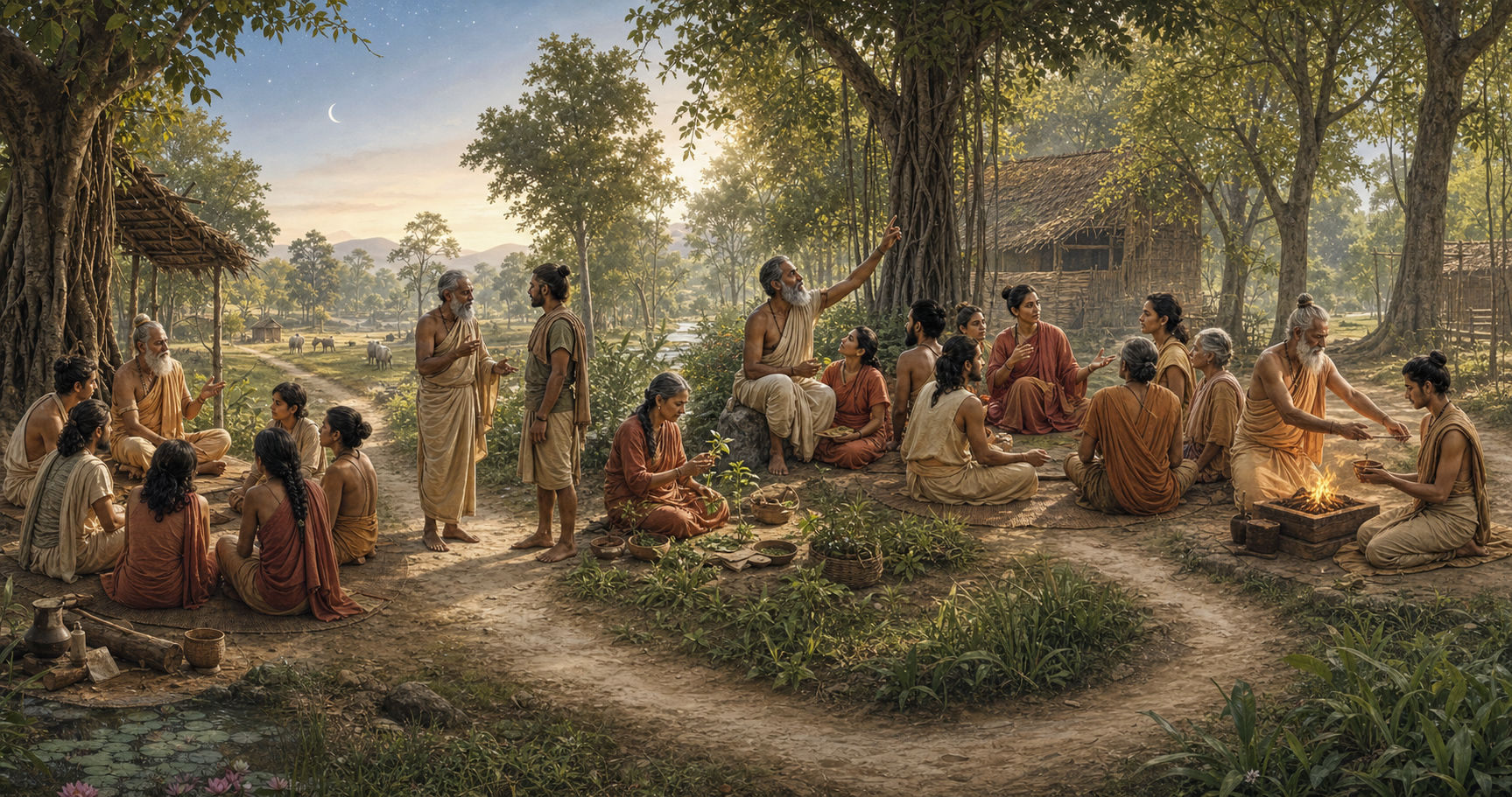 Seers in a forest hermitage teach oral recitation, advise a leader, observe nature, debate philosophy, and pass care of a ritual fire to a student.