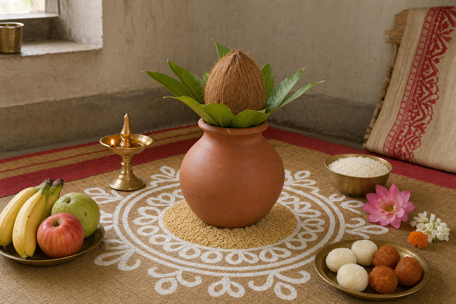 An earthen Lakshmi ghot topped with green leaves and a coconut stands on rice and white alpana beside a brass lamp, fruit, sweets, and flowers in a Bengali home.