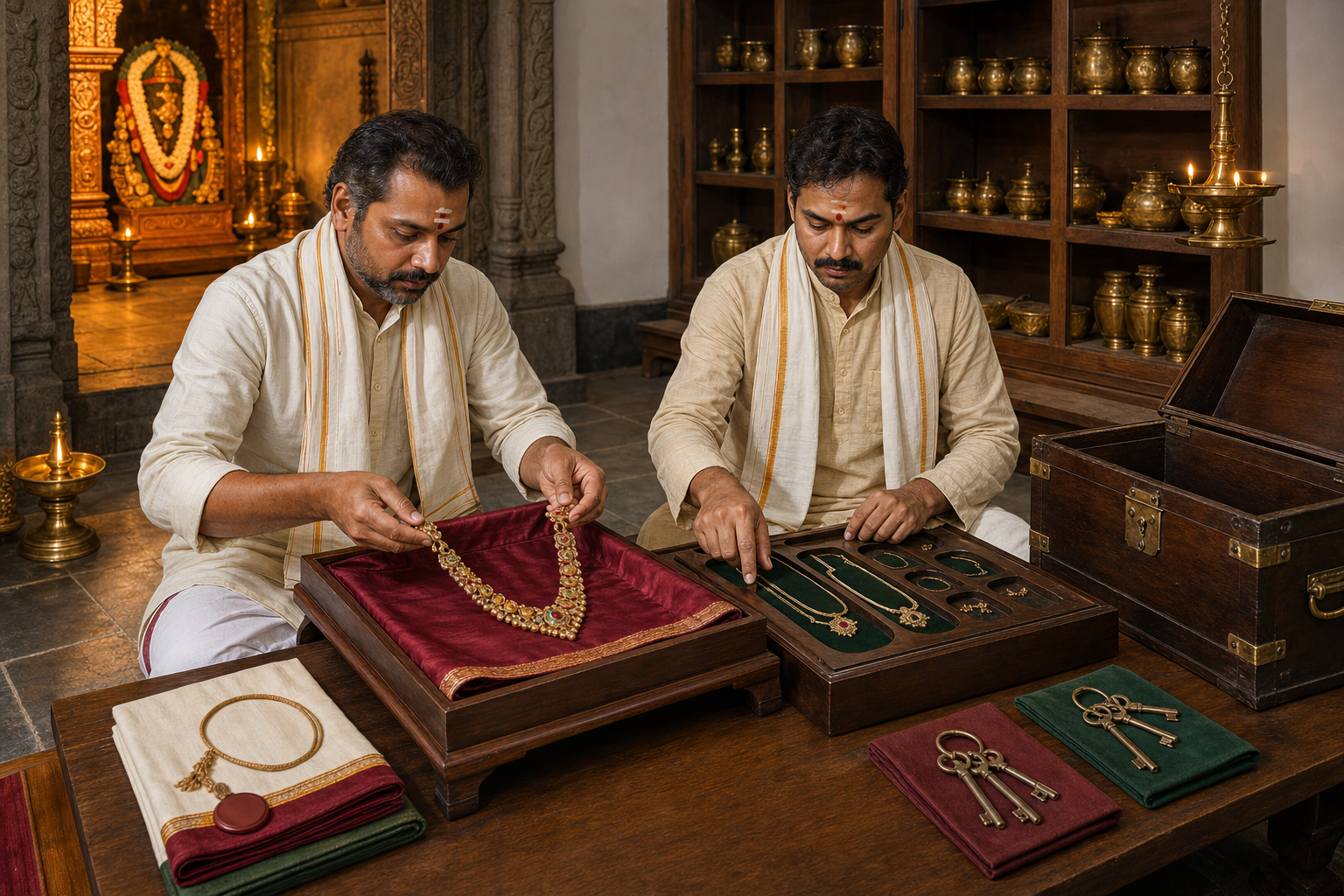 Two temple stewards jointly place a jeweled ceremonial necklace into a silk-lined storage chest beside separate keys and a plain seal.