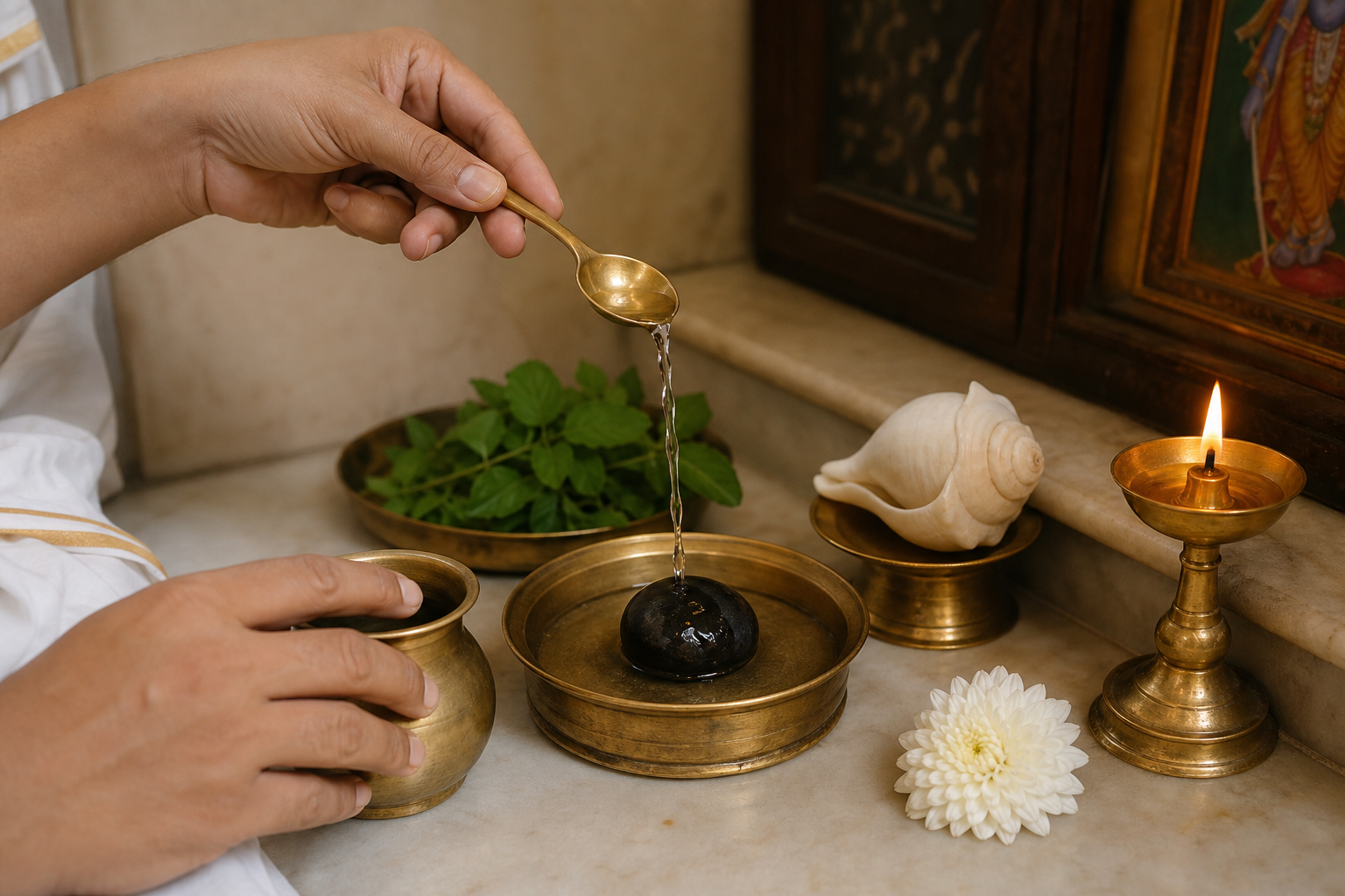 Clean hands pour water over a Shaligram stone on a brass altar while Tulsi leaves, a conch shell, a lamp, and a flower sit nearby.