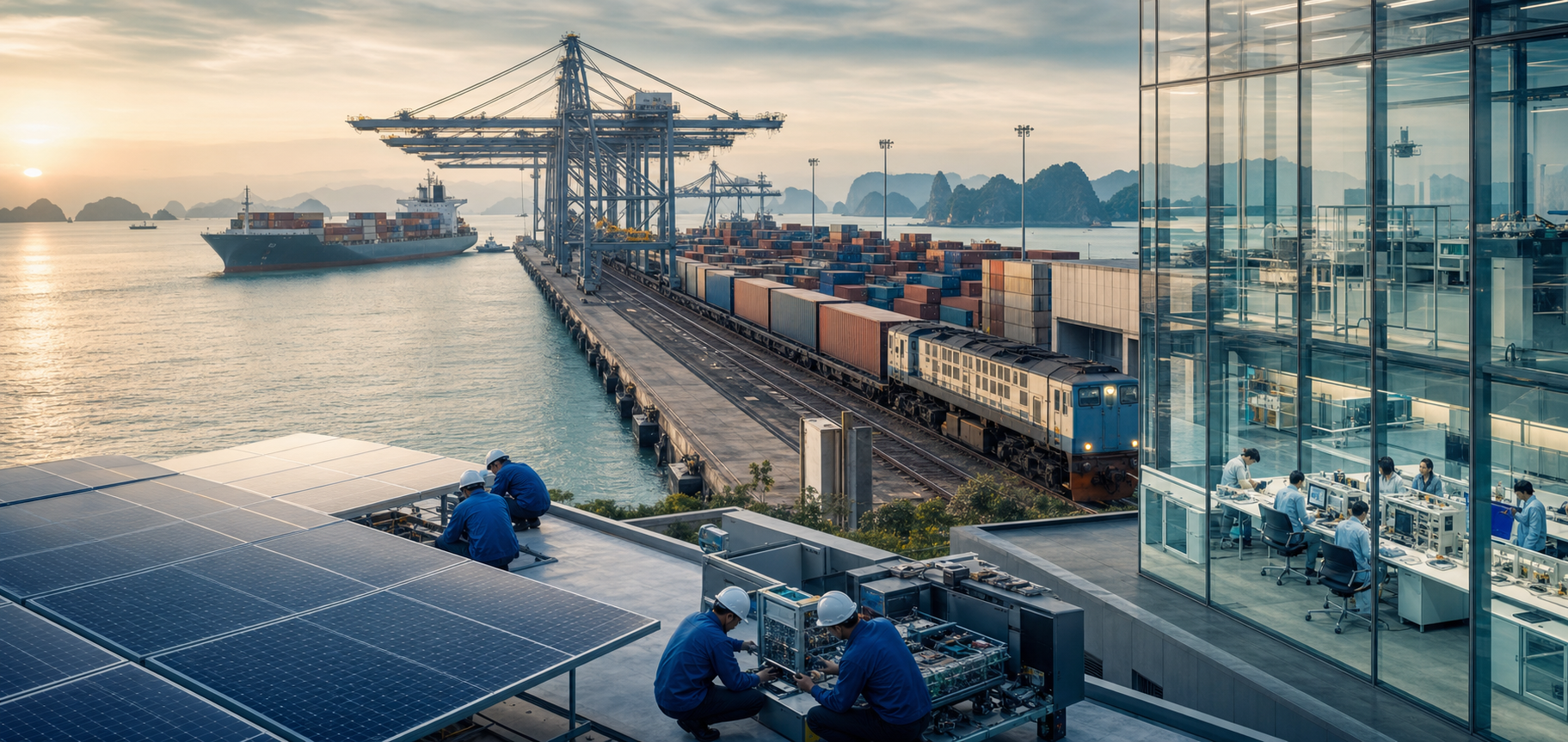 A modern coastal logistics hub combines container shipping, freight rail, clean-energy equipment and a maritime technology workspace.
