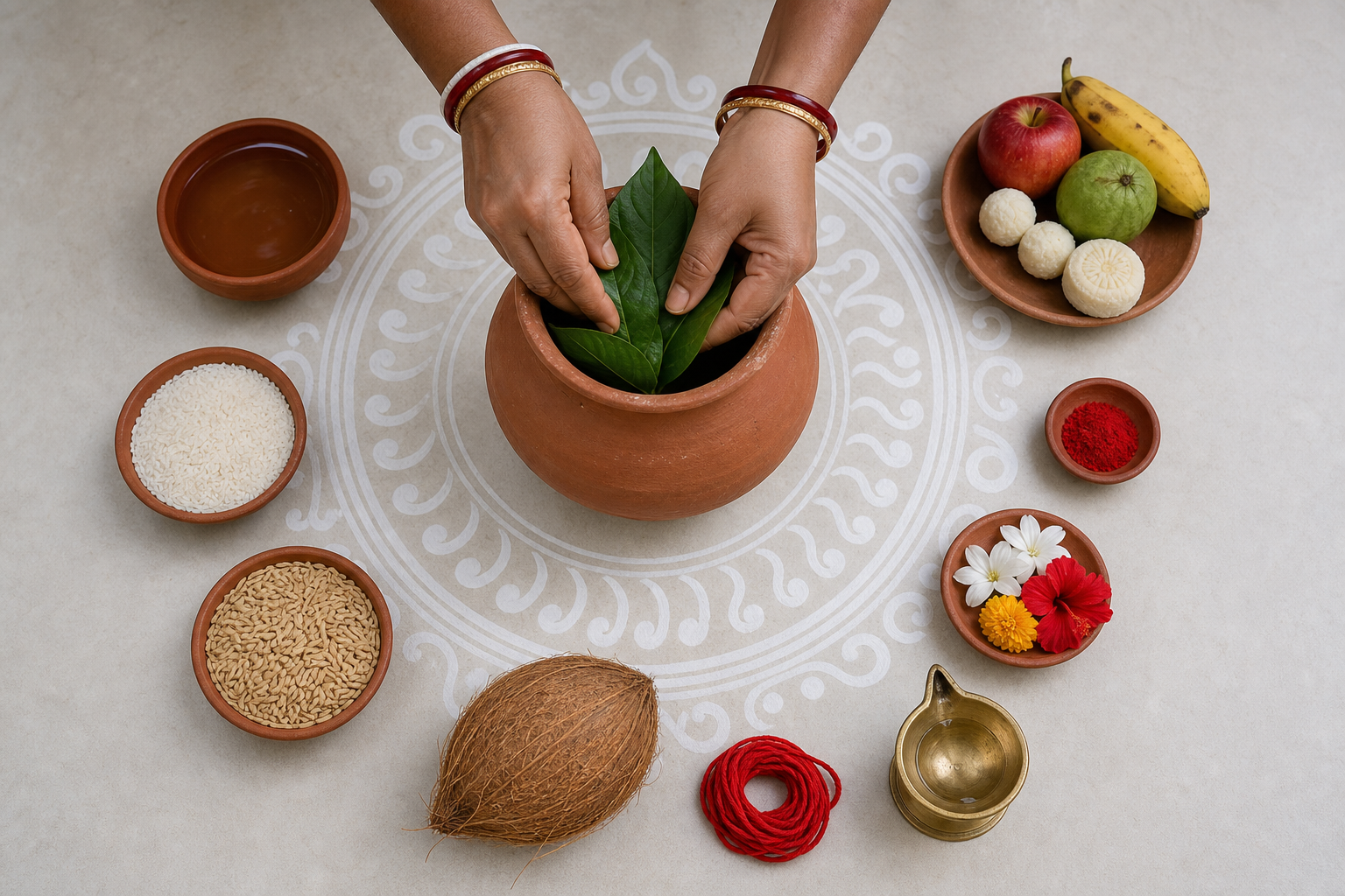 Hands place fresh leaves into an earthen ghot surrounded by rice, a coconut, flowers, fruit, sweets, sacred thread, vermilion, and a brass lamp.