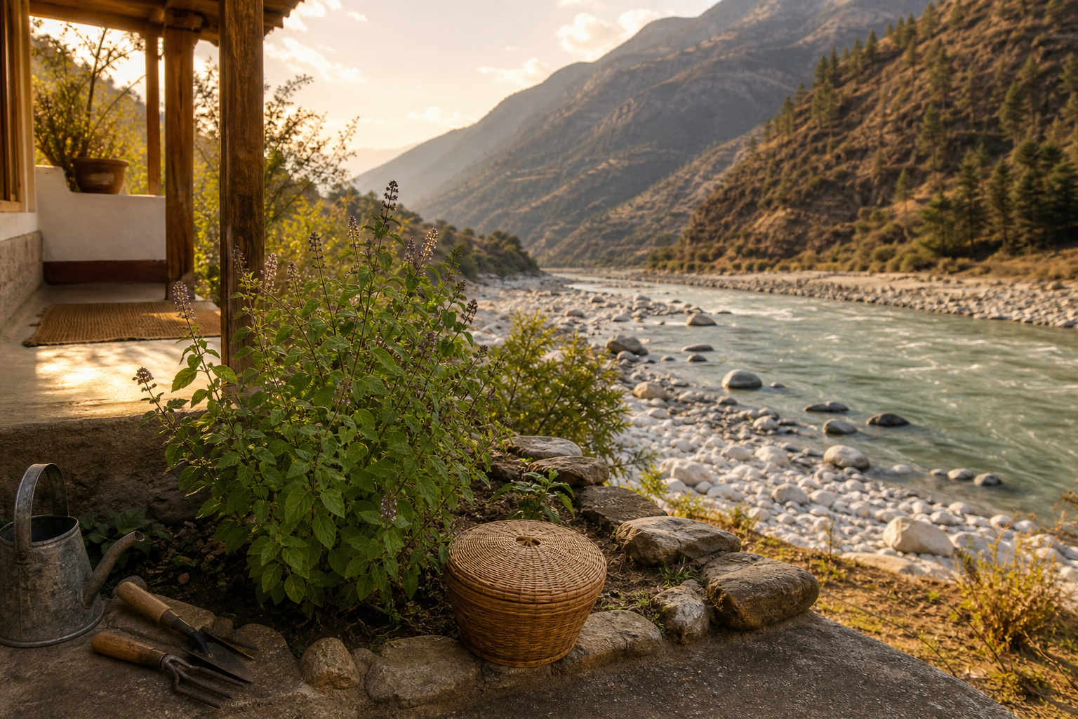 A cultivated Tulsi plant overlooks a Himalayan river valley where dark rounded stones remain undisturbed in the riverbed.