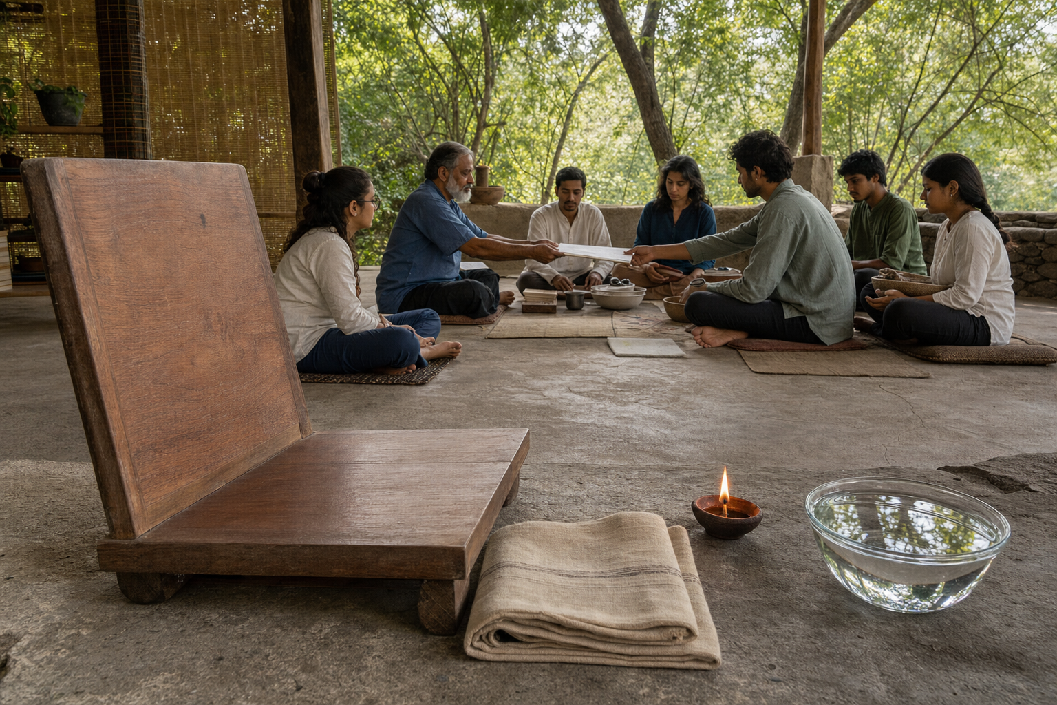 An empty wooden teacher's seat, a lamp, a bowl of water, and a study circle symbolize disciplined practice, clear perception, and responsible transmission.