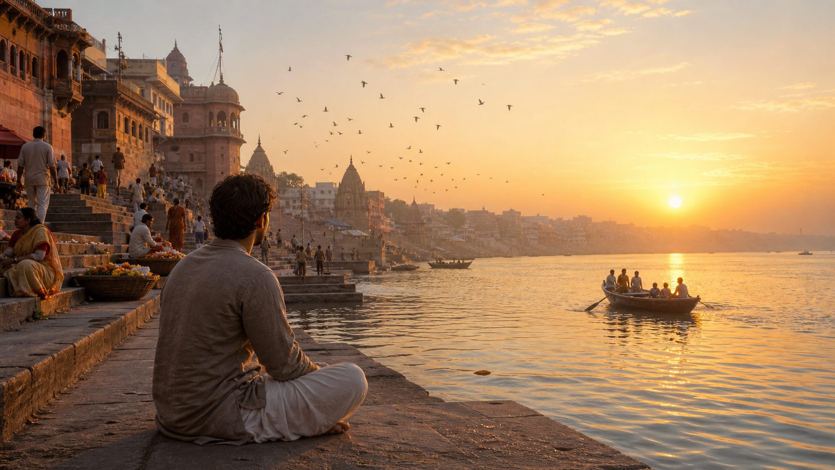 A person sits quietly on stone steps beside a river at sunrise as boats, birds, vendors, and pedestrians begin the day.