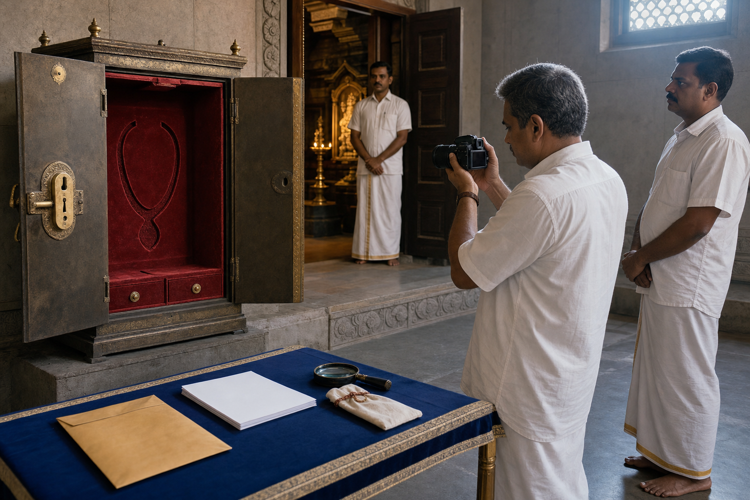 Temple custodians document an empty necklace-shaped recess and cabinet lock while a witness controls access to the treasury room.