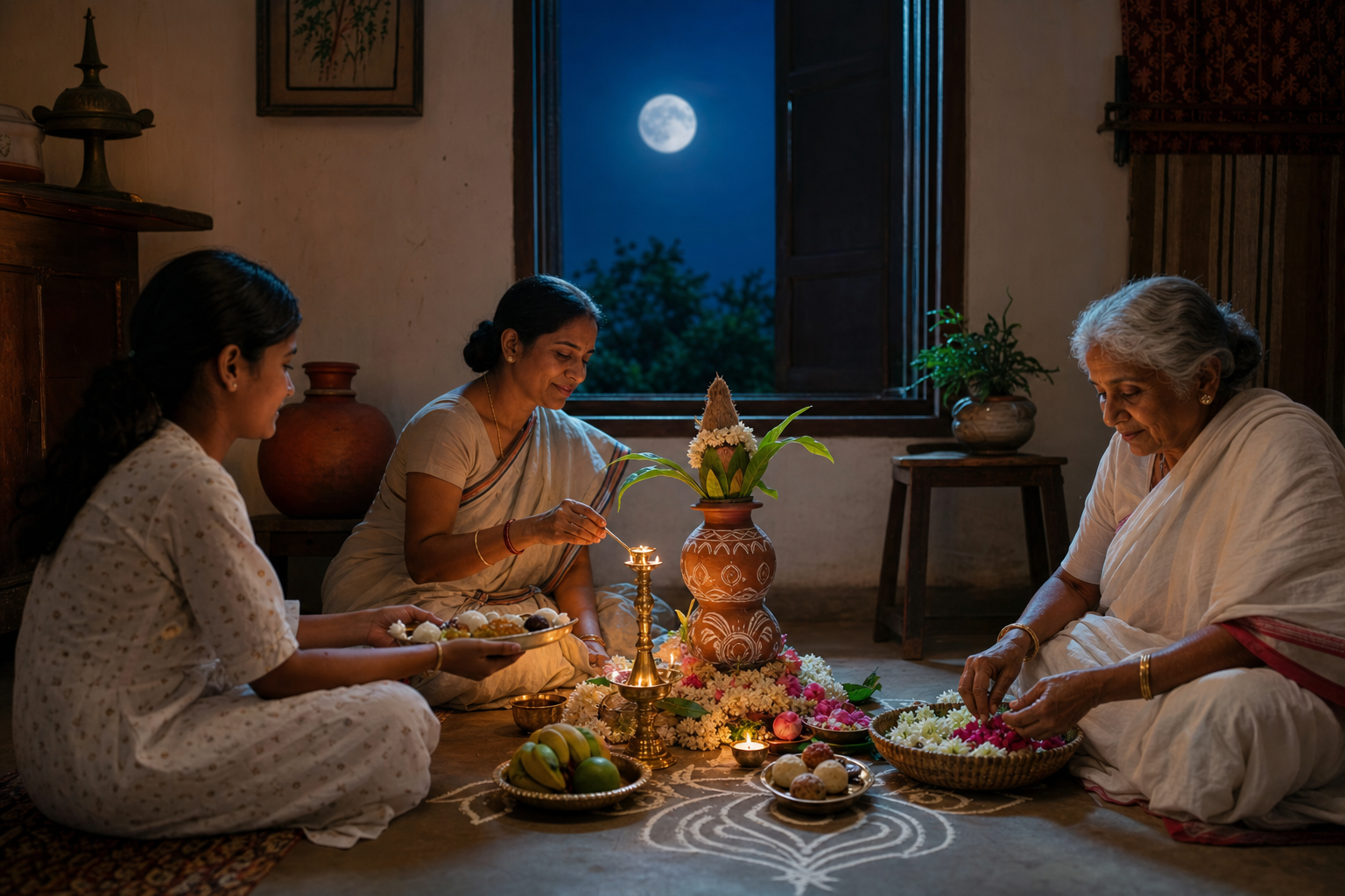 Three generations sit awake beside a lamp-lit Lakshmi ghot while an autumn full moon shines through the window of a Bengali home.