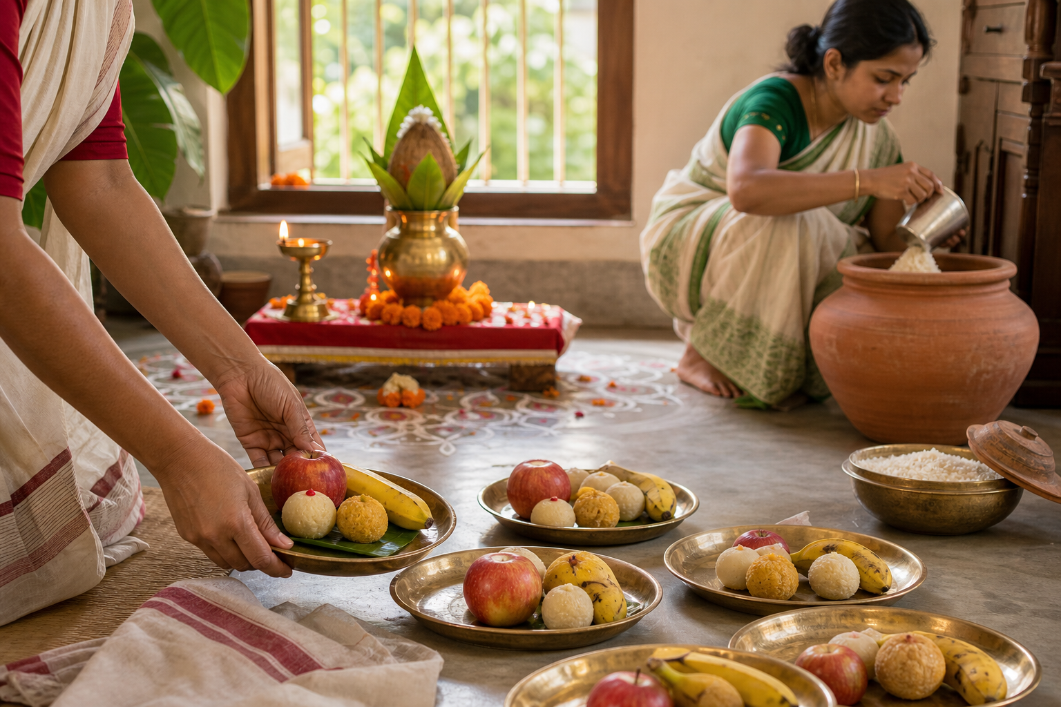 Family members share fruit and sweets and store rice in a clean jar while the Lakshmi ghot remains on the household altar in the background.