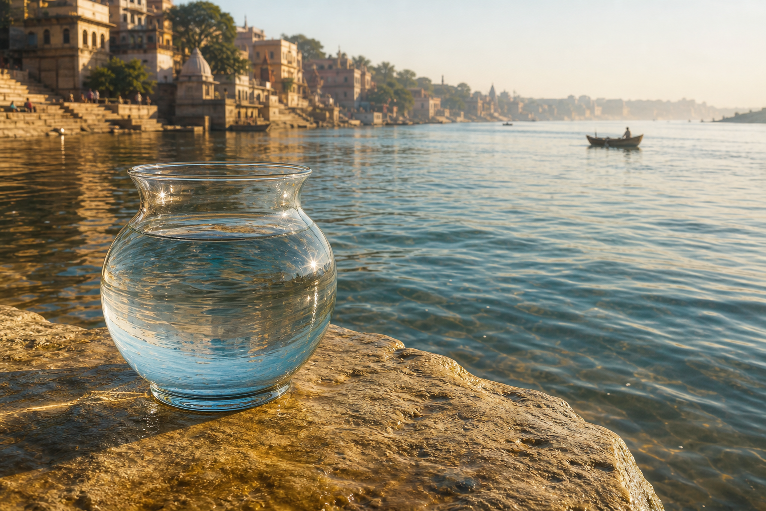 A clear vessel filled with water stands on a stone ledge beside a broad flowing river in morning light.