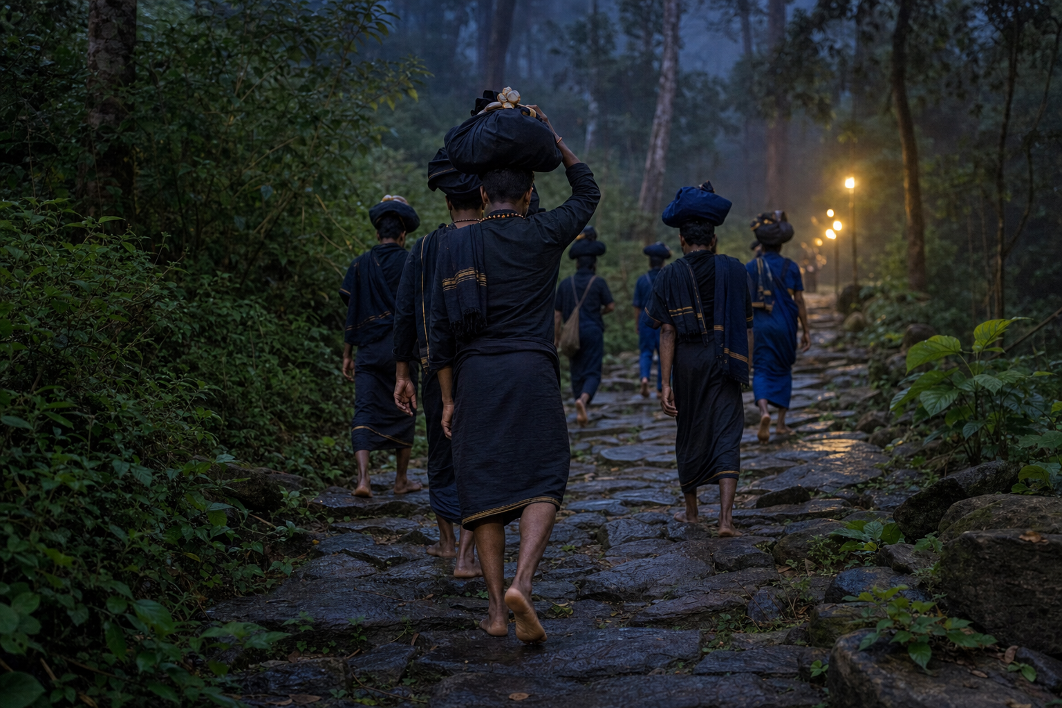 Ayyappa pilgrims in plain dark clothing walk barefoot along a misty forest path, with the central pilgrim carrying an irumudi bundle on his head.