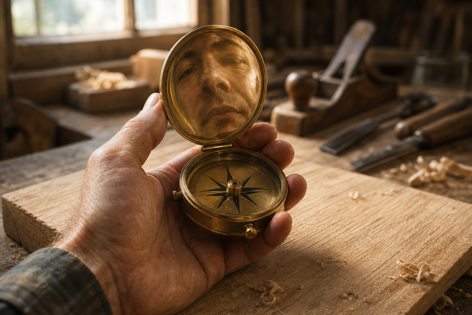 A hand holds a brass compass over a workshop table, with a distorted face reflected in its polished lid.