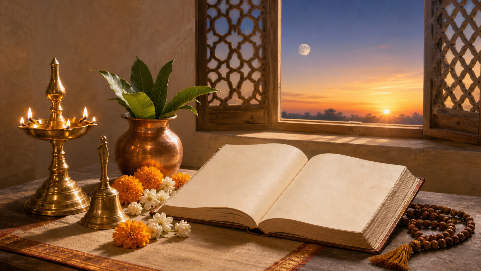 Brass oil lamp, copper kalasha, flowers, bell, prayer beads, and an open blank almanac beside a dawn window with the moon still visible.