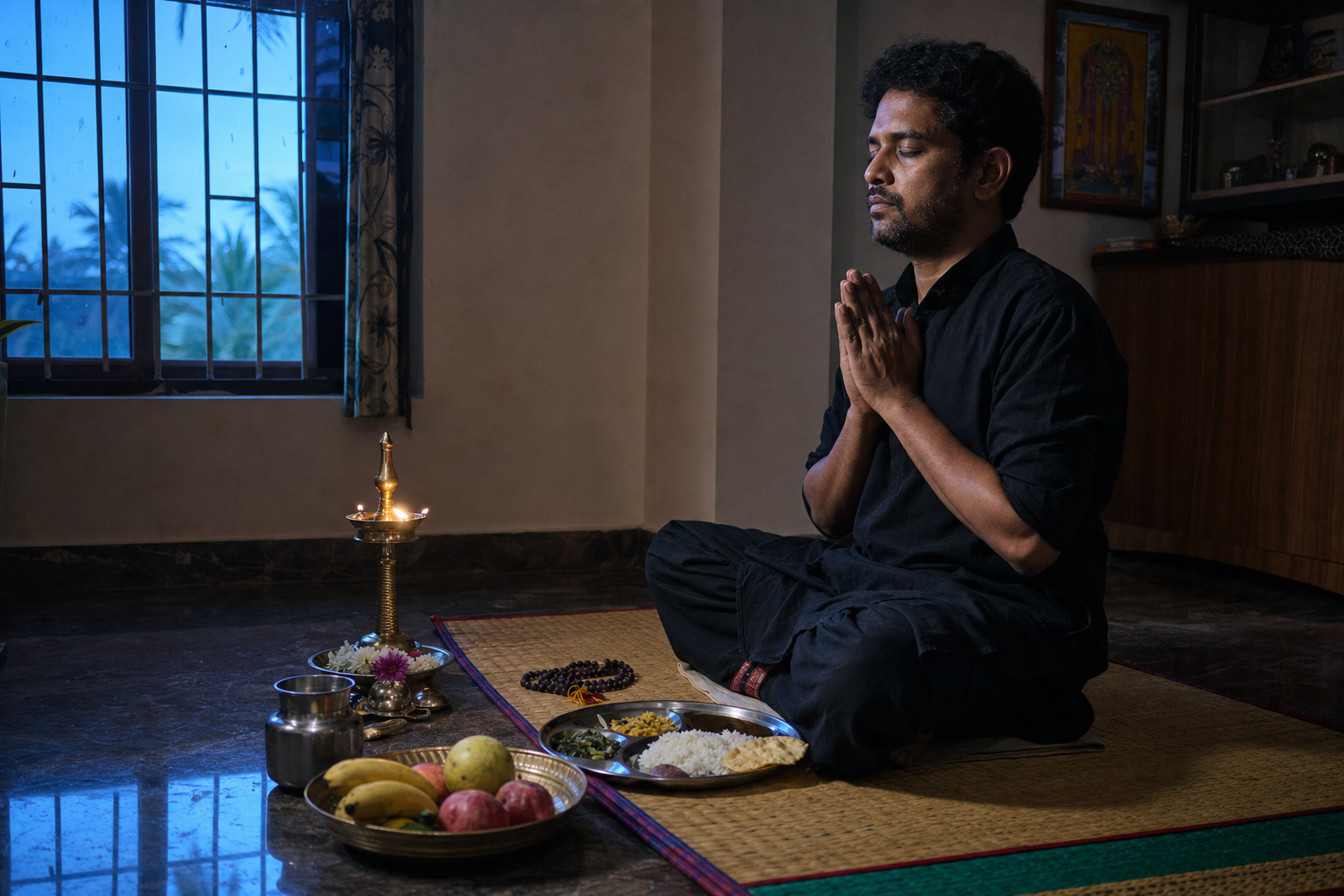 A devotee in simple dark clothing prays beside a brass oil lamp, flowers, water vessel, prayer beads, and a vegetarian meal before dawn.