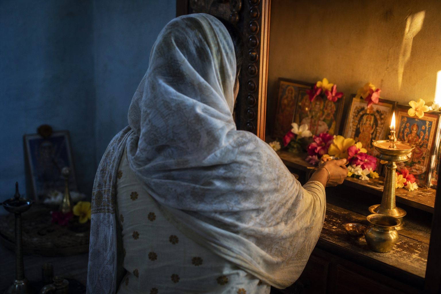 A worshipper completes a flower and lamp offering in a home prayer room as cool predawn light changes to warm sunrise light.