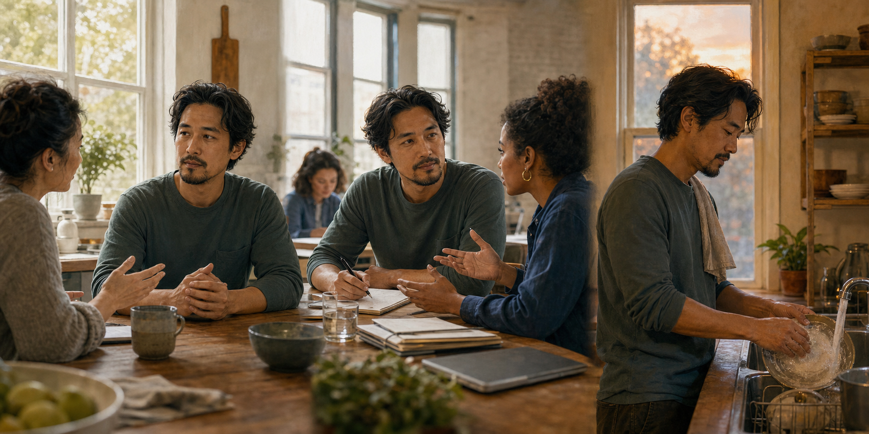 The same person listens during a kitchen conversation, works attentively with a colleague, and washes dishes in the evening.