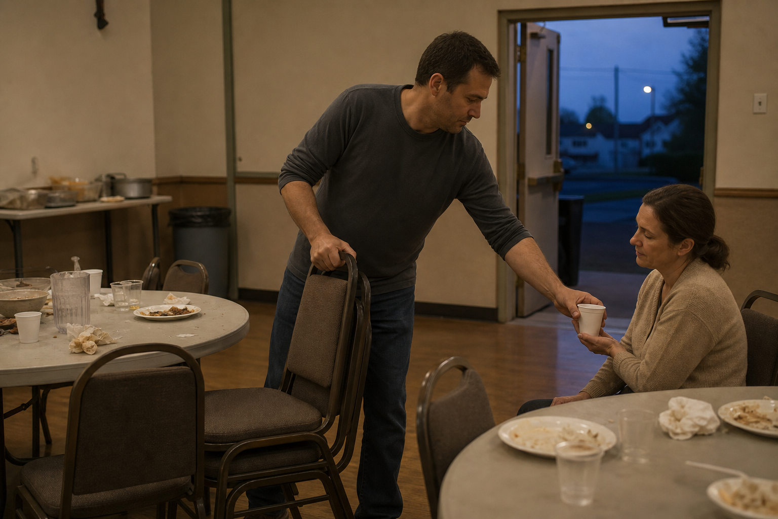 A person quietly stacks chairs and collects cups after a community meal while helping another attendee near an open doorway.