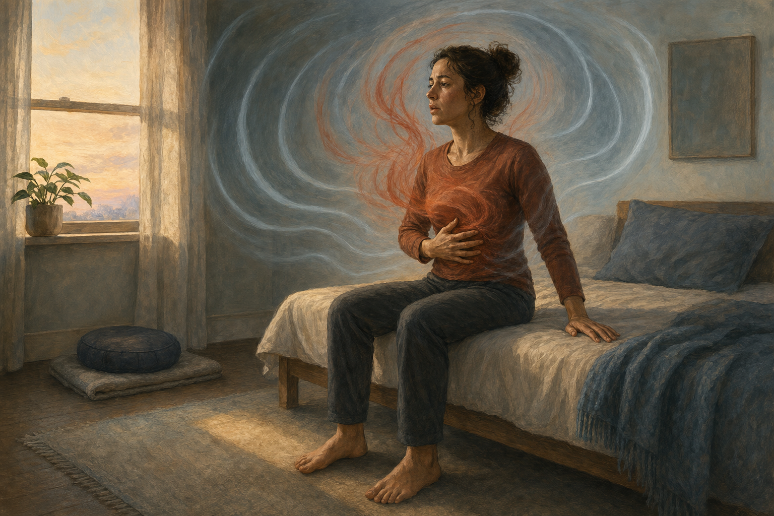 An adult sits on the edge of a bed with feet on the floor, one hand on the lower ribs and one hand touching the mattress, while red currents around the upper body fade into blue arcs.