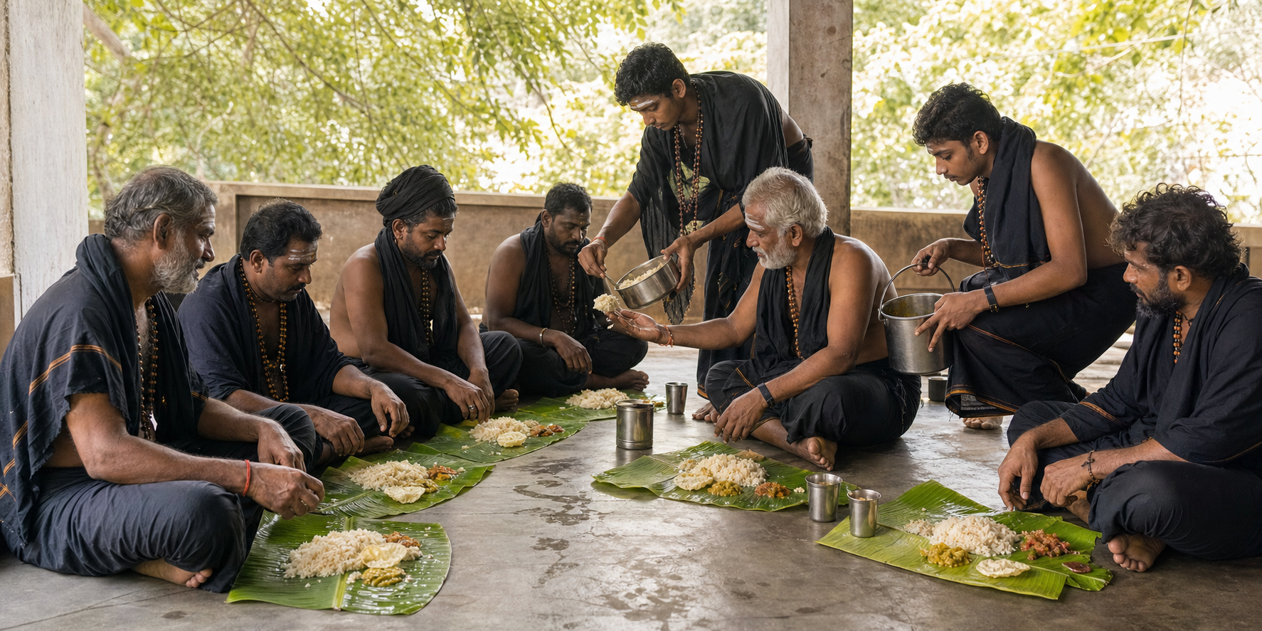 Pilgrims in matching plain dark clothing sit together and share a vegetarian meal on banana leaves while helping one another.