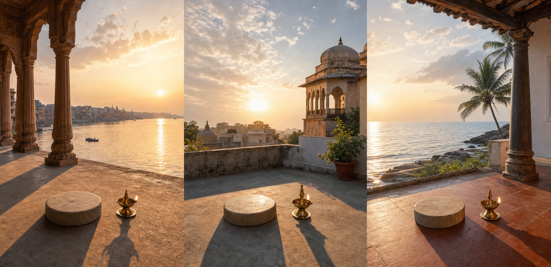 Three Indian dawn settings show brass lamps and stone markers receiving sunlight at different angles and casting different shadows.
