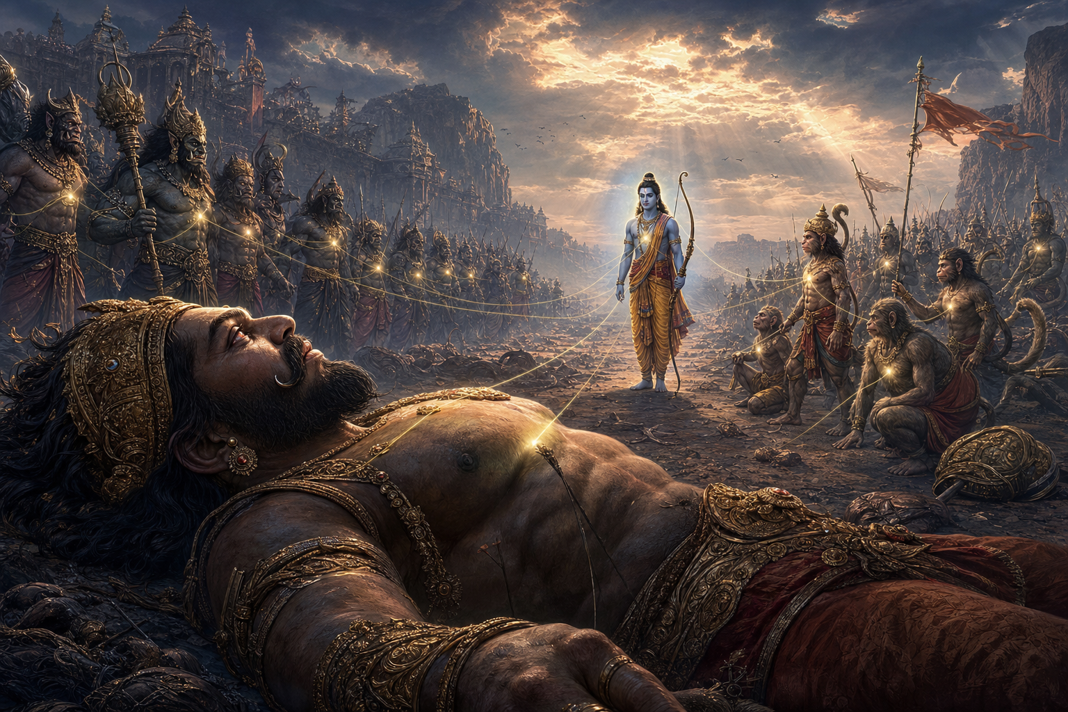 Kumbhakarna lies on the battlefield looking toward a radiant Rama while vanara and rakshasa warriors stand on opposing sides, each touched by the same subtle golden light.
