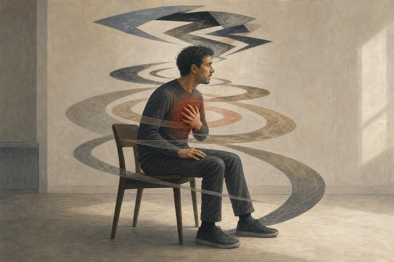 A seated person is surrounded by translucent rings and angular shapes that curve from the chest toward the head and back around the body in a spiral.