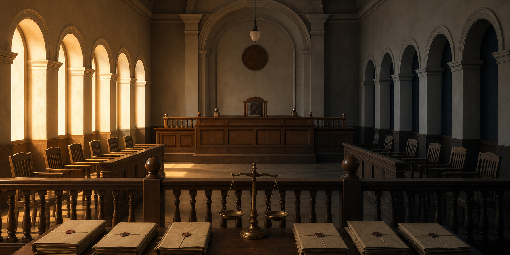 A solemn courtroom interior with case files and scales of justice, divided between warm light and cooler shadow.